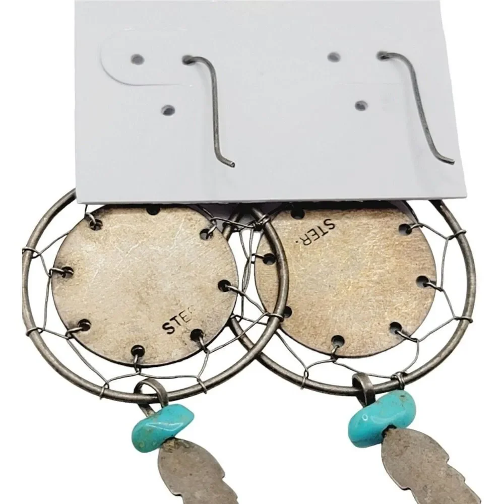 Vtg Navajo Kokopelli Sterling Silver Dream Catcher Earrings‎ with Turquoise